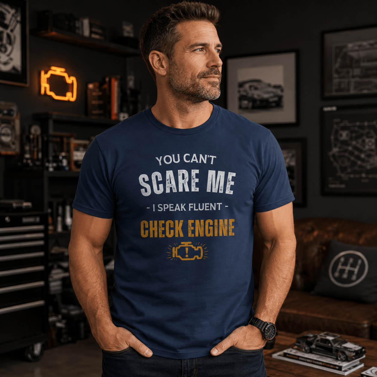 Funny Check Engine t-shirt size chart | S to 5XL sizing | 365CarMods