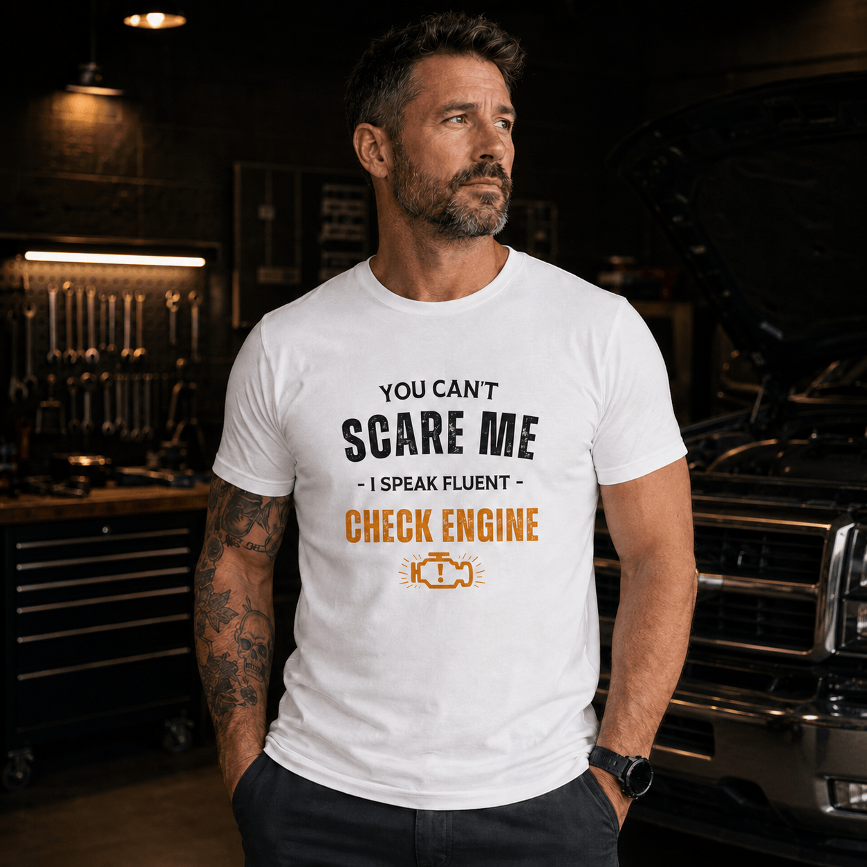 Funny Check Engine t-shirt closeup print detail | Mechanic gift tee | 365CarMods