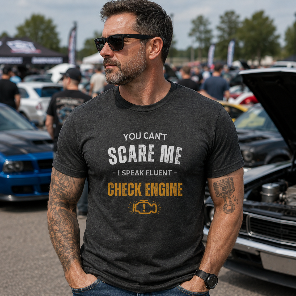 Funny Check Engine shirt navy | Mechanic humor tee | 365CarMods