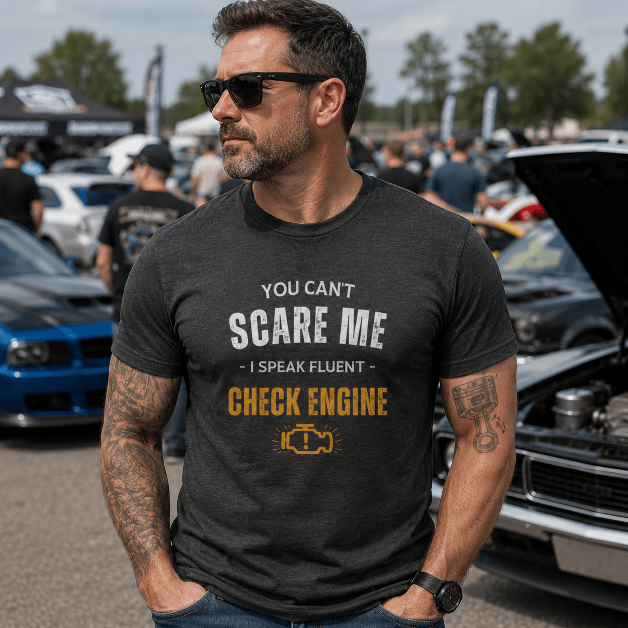 Funny Check Engine shirt navy | Mechanic humor tee | 365CarMods