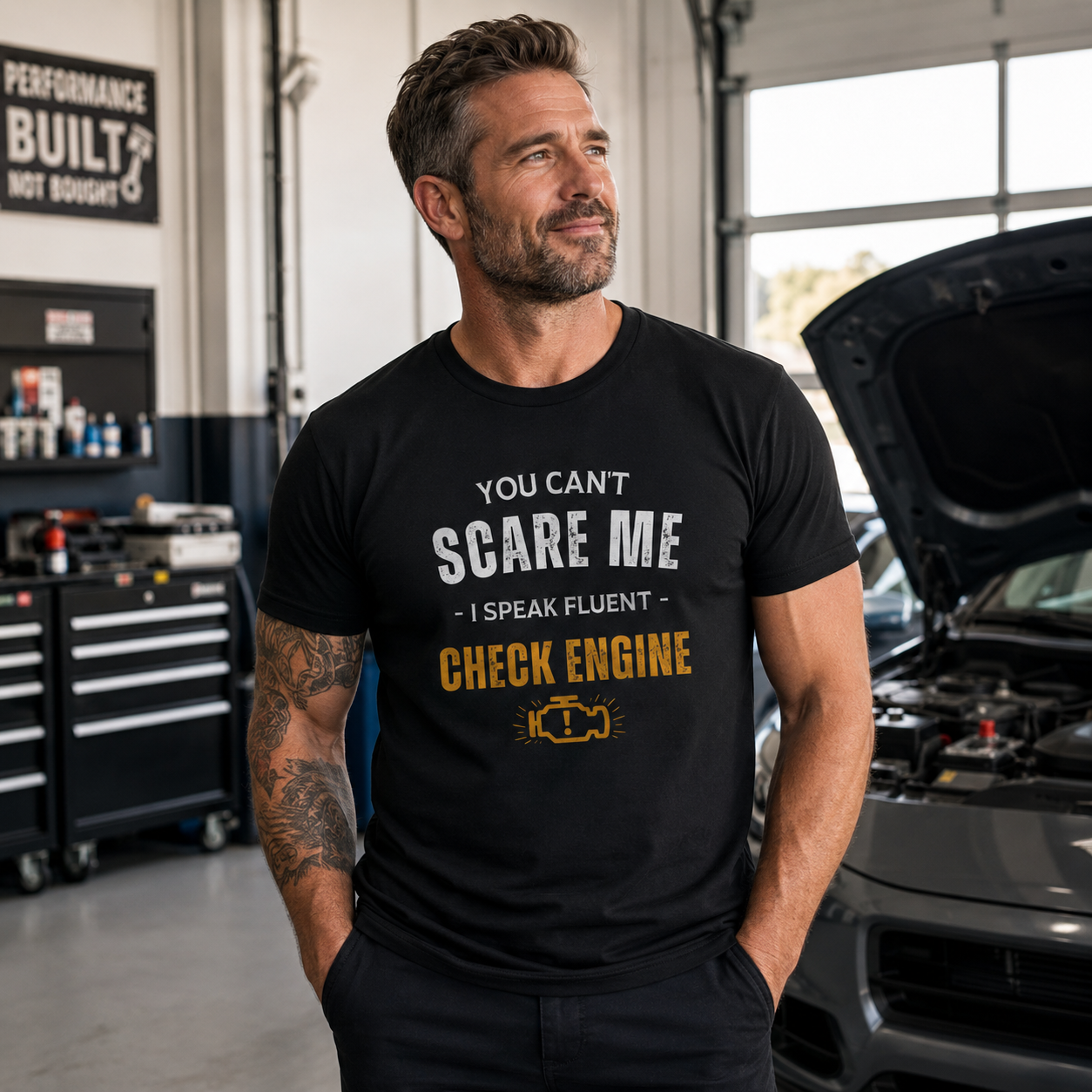 Funny Check Engine t-shirt back view | Car guy shirt | 365CarMods