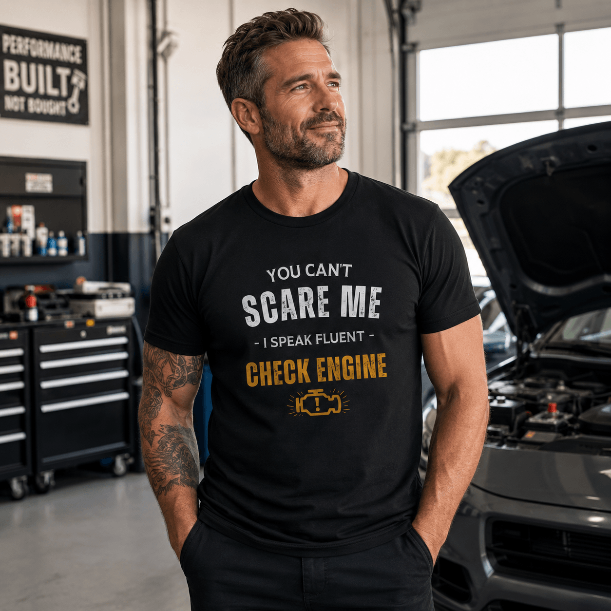 Funny Check Engine t-shirt back view | Car guy shirt | 365CarMods