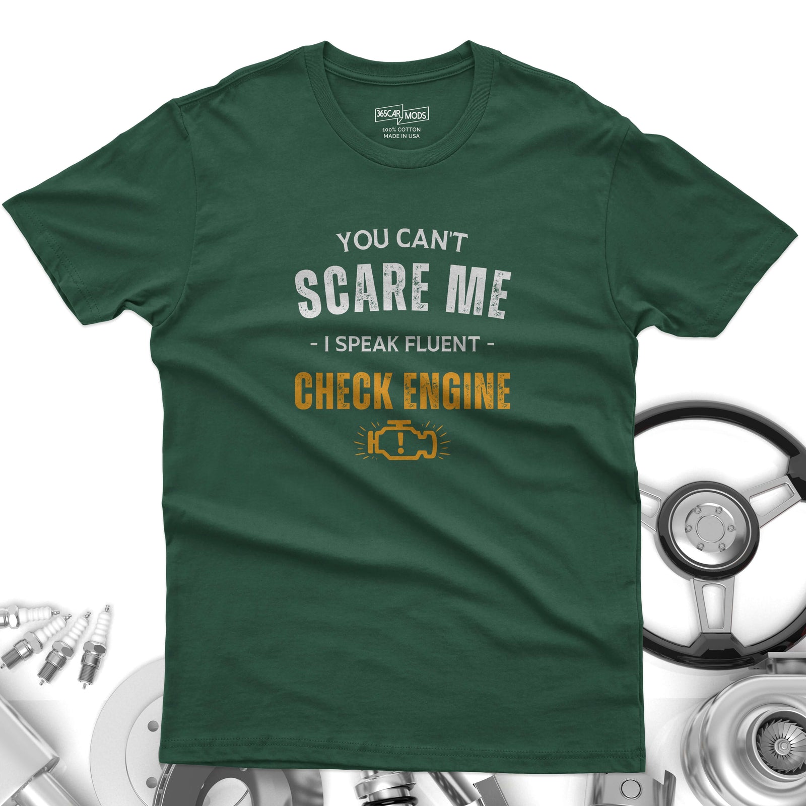 Funny Check Engine t-shirt lifestyle photo | Garage humor gift | 365CarMods