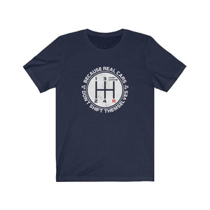 real cars don't shift themselves navy t-shirt, car lover, car enthusiast