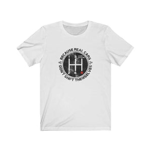 real cars don't shift themselves white t-shirt, car lover, car enthusiast