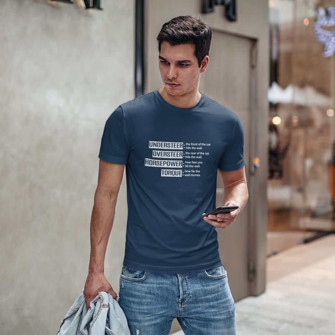car guy with navy funny car t-shirt, car merch, car guy gift, car apparel