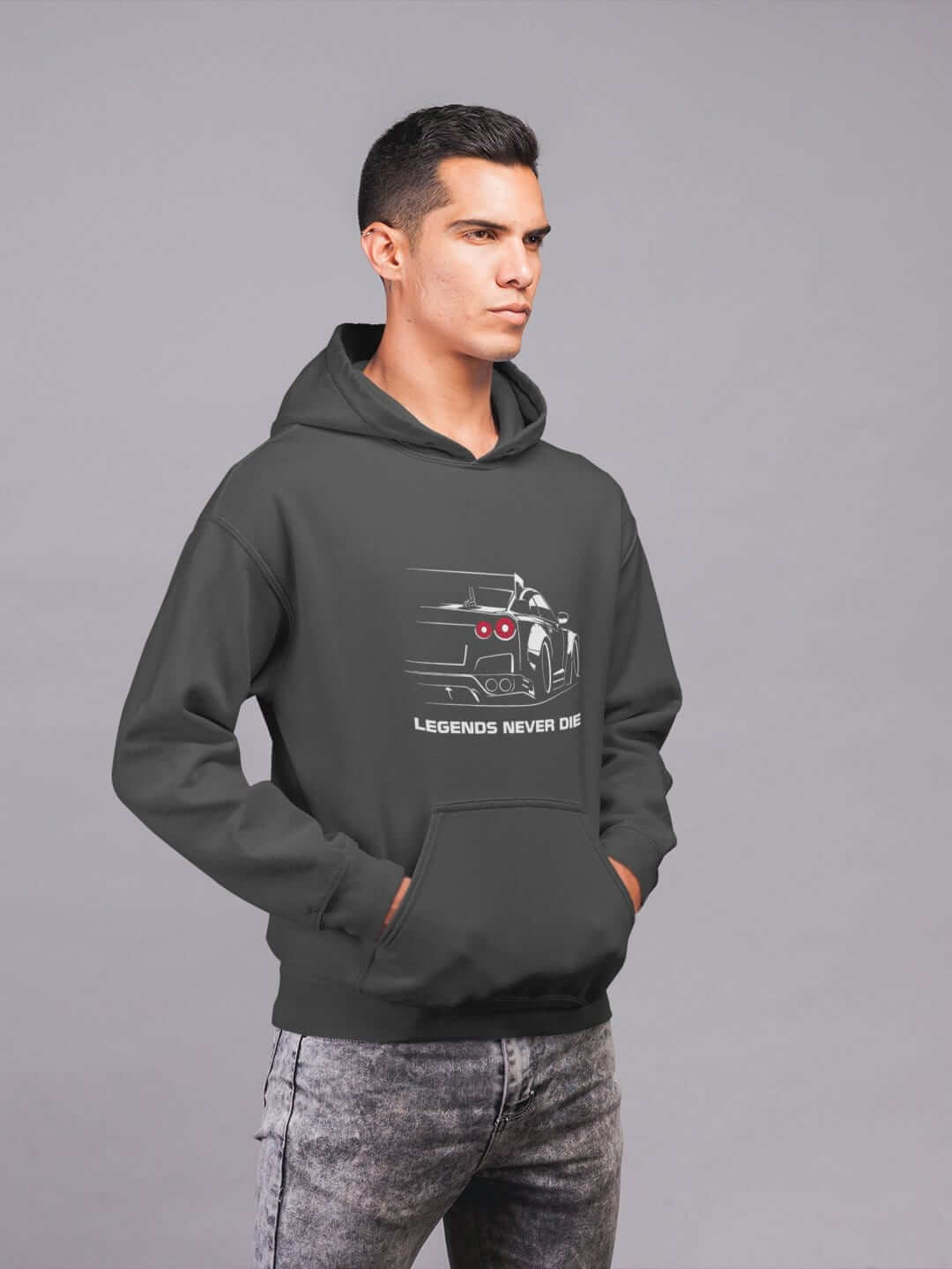 Japanese car printed on dark grey car hoodie, JDM hooded sweatshirt, car guy gift, car lover present, car fan, car enthusiast
