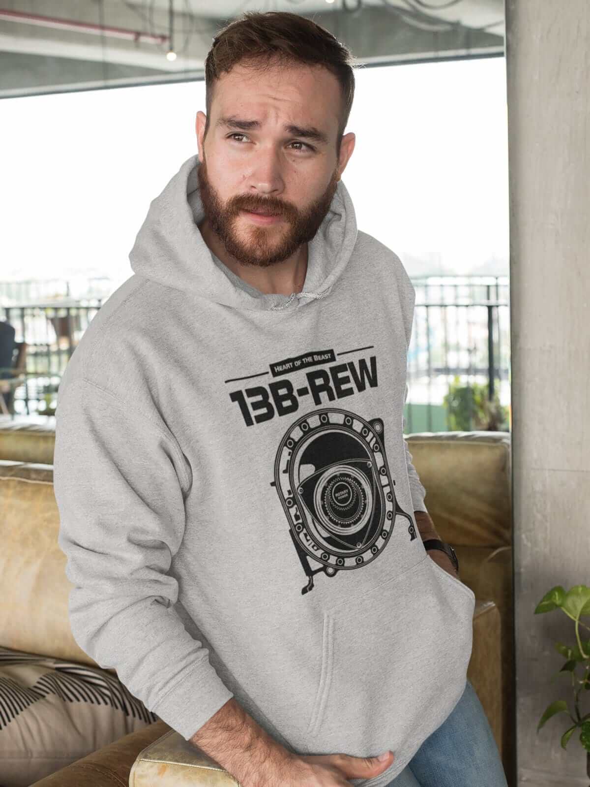 Legendary Japanese engine printed on athletic heather car hoodie designed for car lovers, car guys, car enthusiasts, JDM lovers and petrolheads