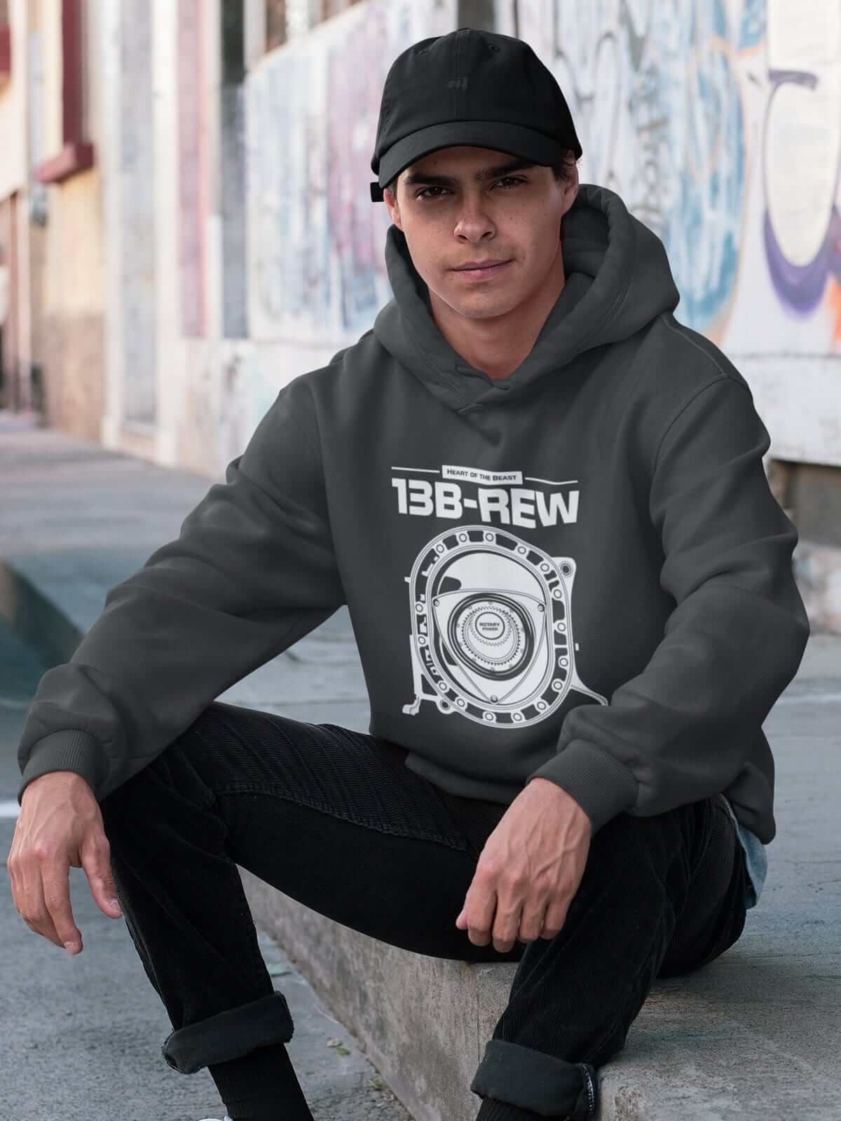 Legendary Japanese engine printed on dark grey car hoodie designed for car lovers, car guys, car enthusiasts, JDM lovers and petrolheads