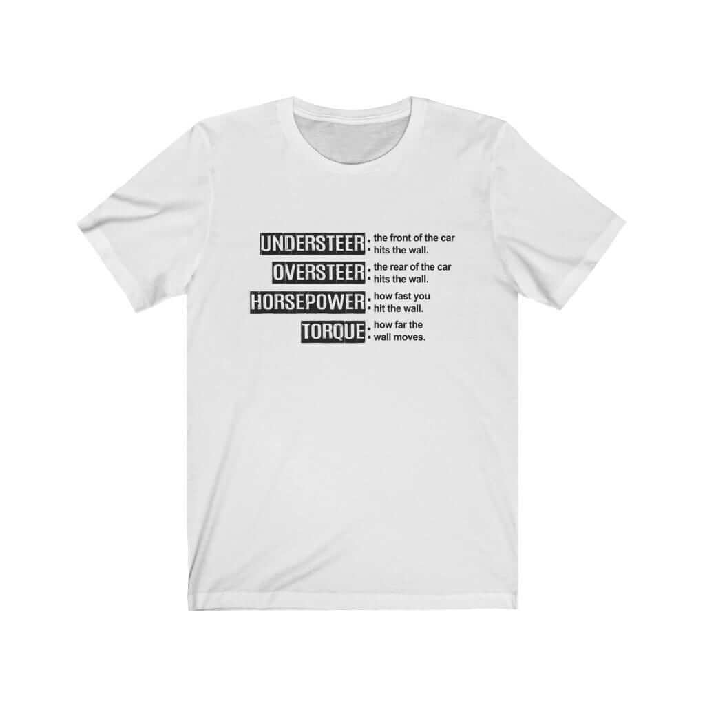 white funny car t-shirt, car merch, car guy gift, car apparel