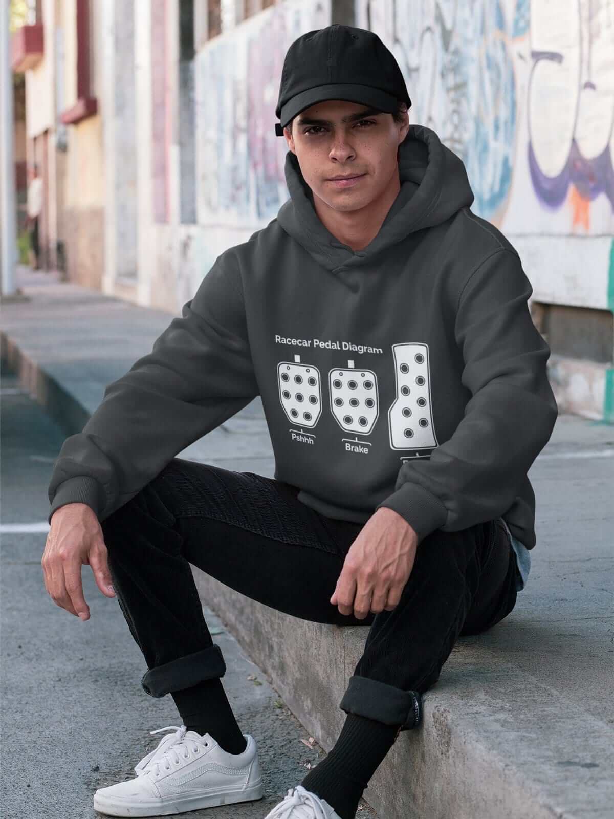 funny car hoodie in dark grey, 3 pedals, car guys, car lovers, car enthusiasts