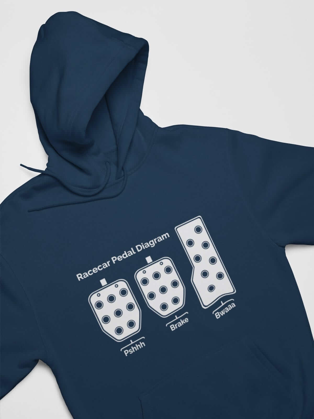 funny car hoodie in navy, 3 pedals, car guys, car lovers, car enthusiasts