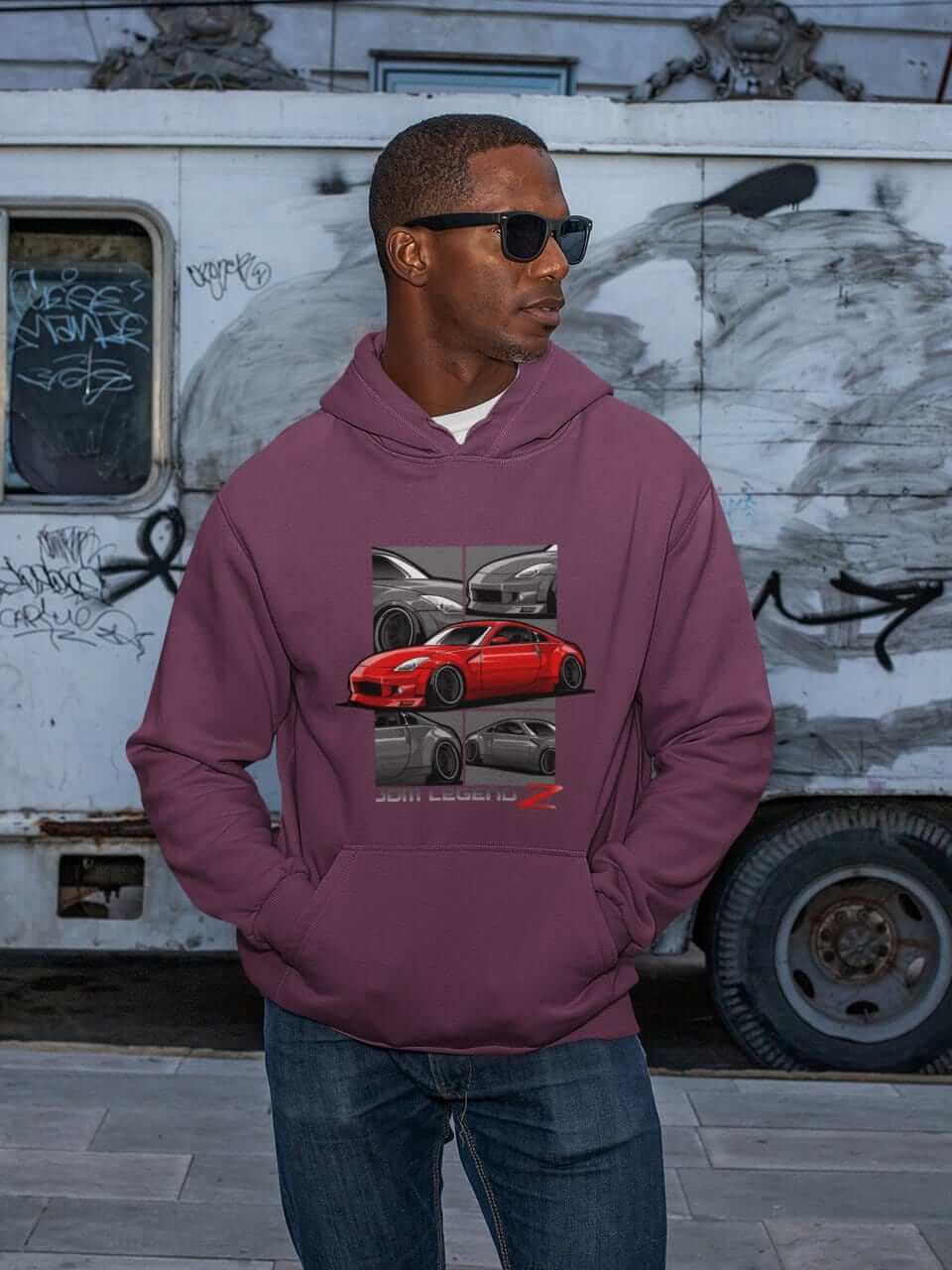 Red Japanese sports car printed on maroon car hoodie, JDM sweatshirt, car guy gift, car lover, car fan, car enthusiast, petrolhead, JDM lover, boyfriend gift idea
