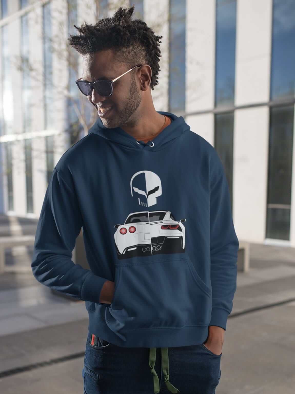 Muscle car printed on navy car hoodie, American muscle car sweatshirt, car guy gift, car lover, car fan, car enthusiast, petrolhead, hot rod lover, boyfriend gift idea