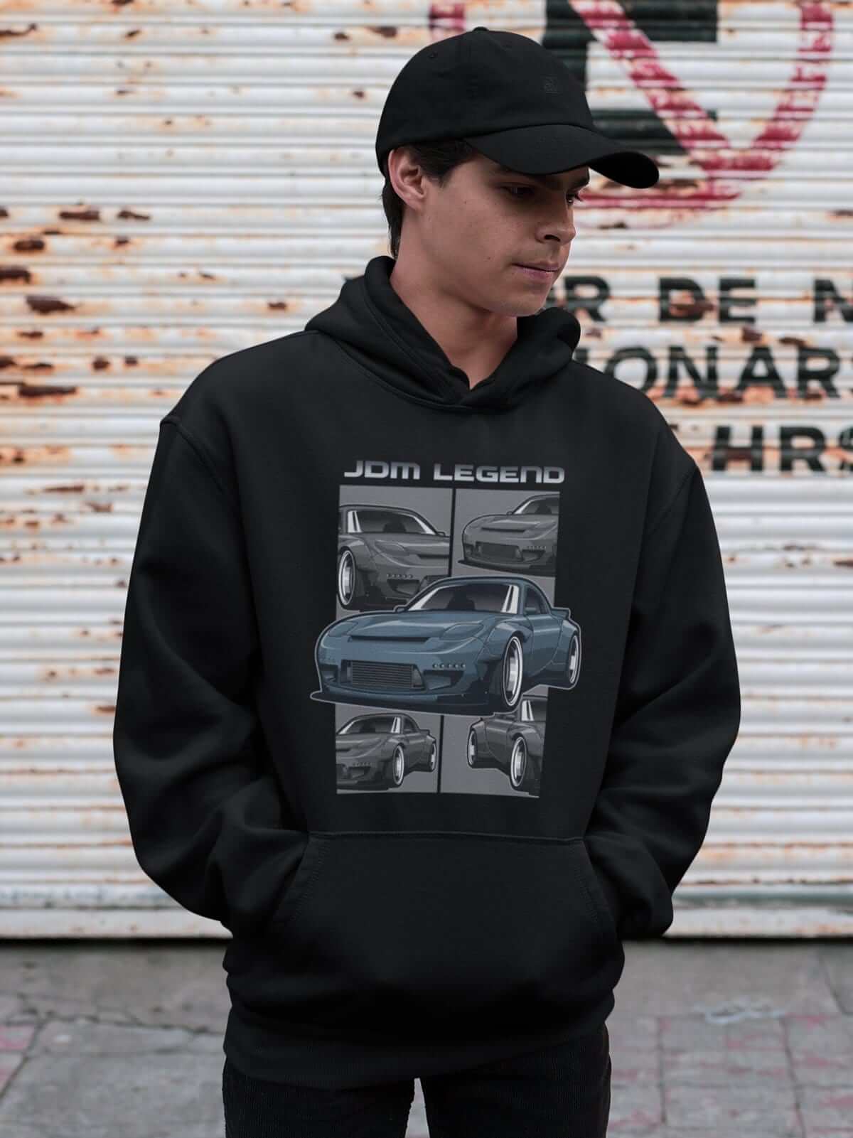 a young man with Blue Japanese car printed on a black hoodie, JDM hooded sweatshirt, car guy gift, car lover, car fan, car enthusiast, petrolhead, JDM lover, boyfriend gift idea