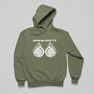 military green funny hoodie for car guys, car hoodie, car apparel, car clothing, show me your tt's