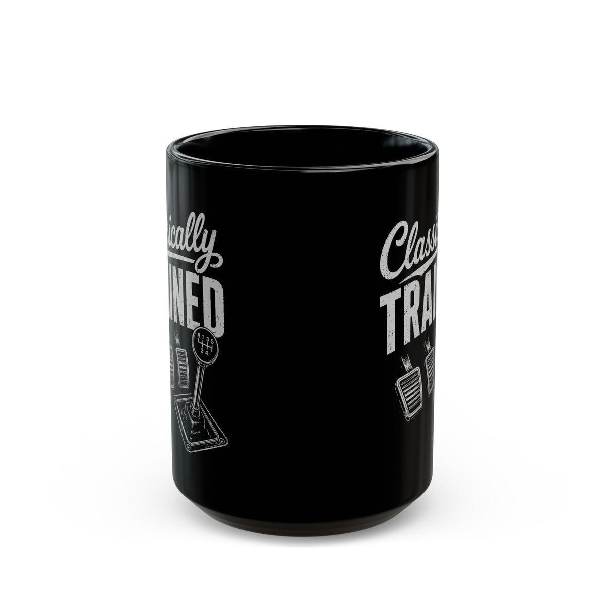 Classically Trained Manual Driver Mug - 15oz black coffee mug, front view with print on both sides