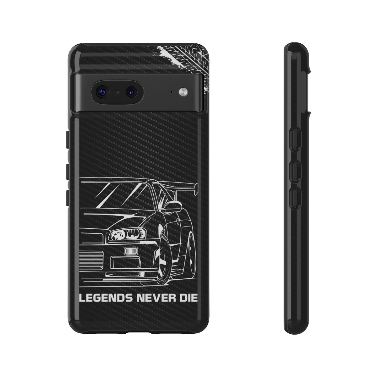JDM Legends Never Die Tough Phone Case - Google Pixel 7, glossy, front and side view
