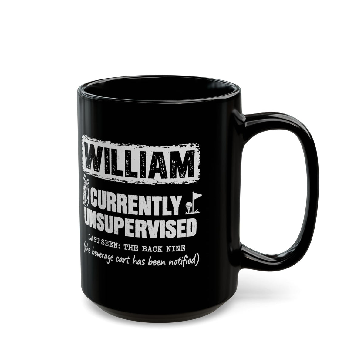 Currently Unsupervised Personalized Golf Mug - 15oz black coffee mug, handle on the right