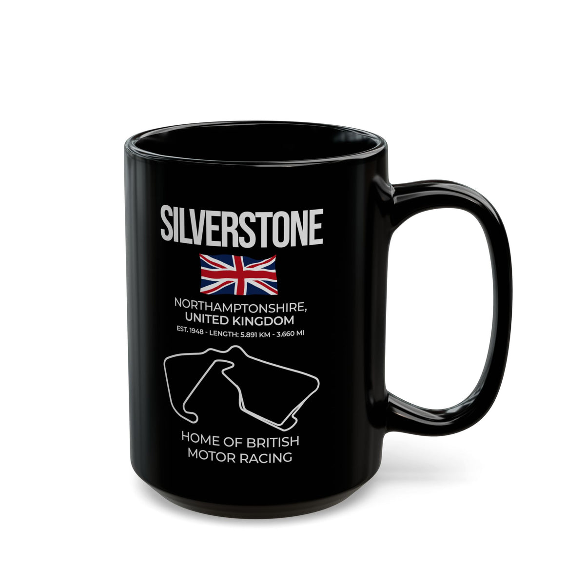 Silverstone Race Track Mug - 15oz black coffee mug, handle on the right