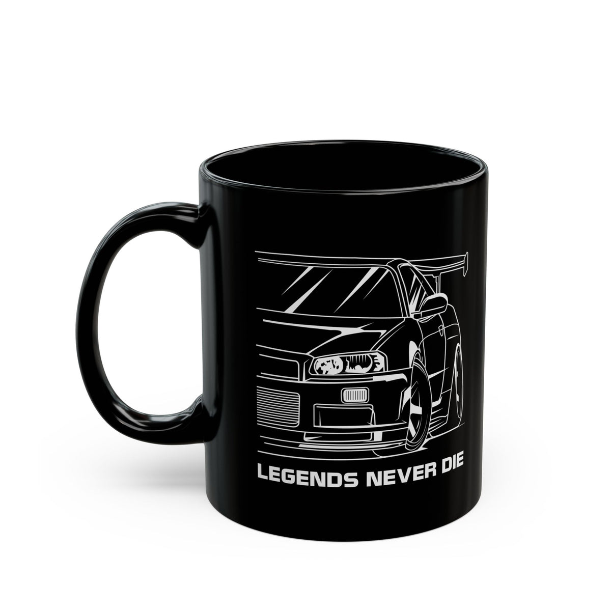 R34 Skyline GTR Legends Never Die Coffee Mug - 11oz black coffee mug, handle on the left