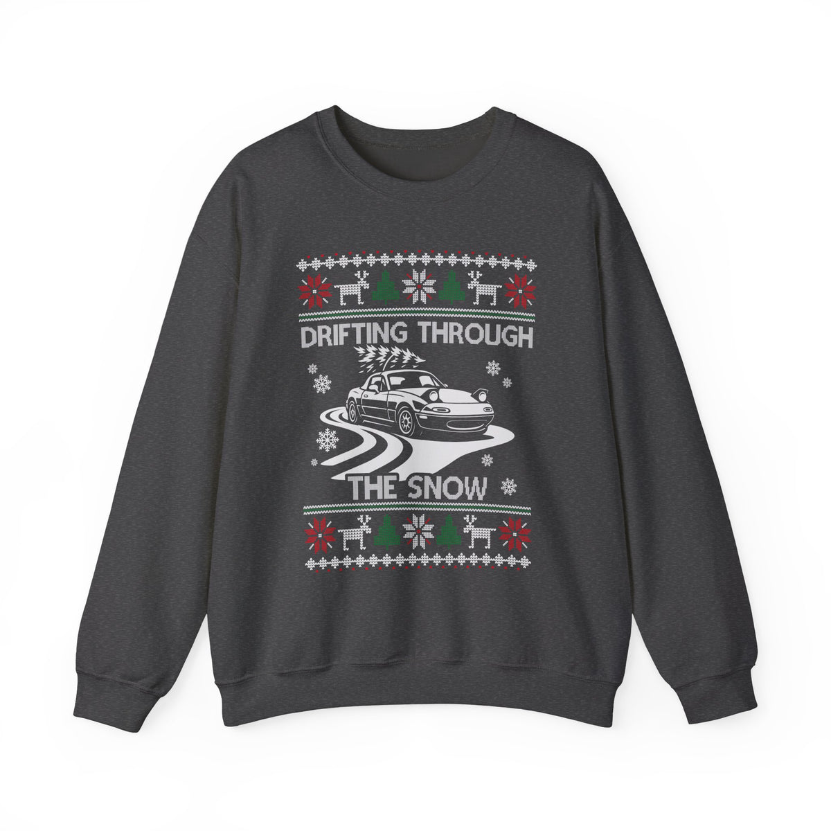 Miata MX5 Drifting Ugly Christmas Sweatshirt flat lay | JDM roadster car guy gift