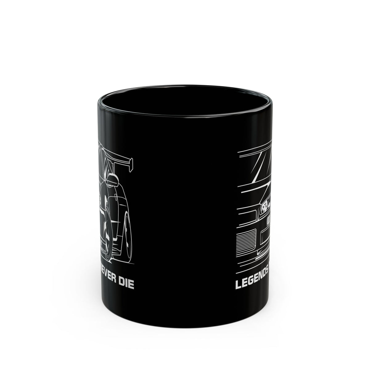 R34 Skyline GTR Legends Never Die Coffee Mug - 11oz black coffee mug, front view with print on both sides