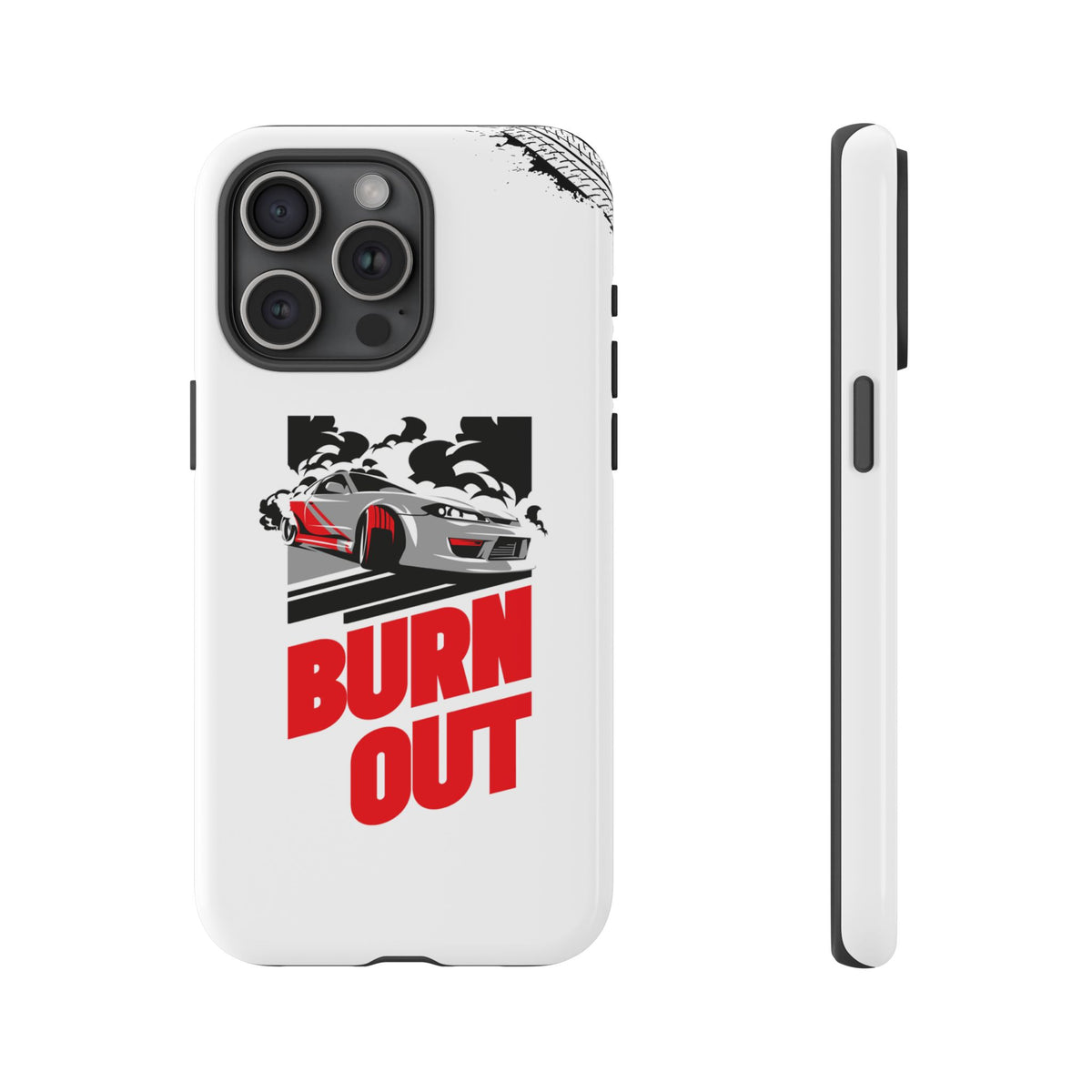 JDM Burnout Tough Car Phone Case - iPhone 15 Pro Max, glossy, front and side view