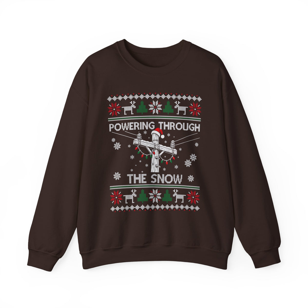 Powering Through the Snow Lineman Christmas Sweatshirt in Dark Chocolate