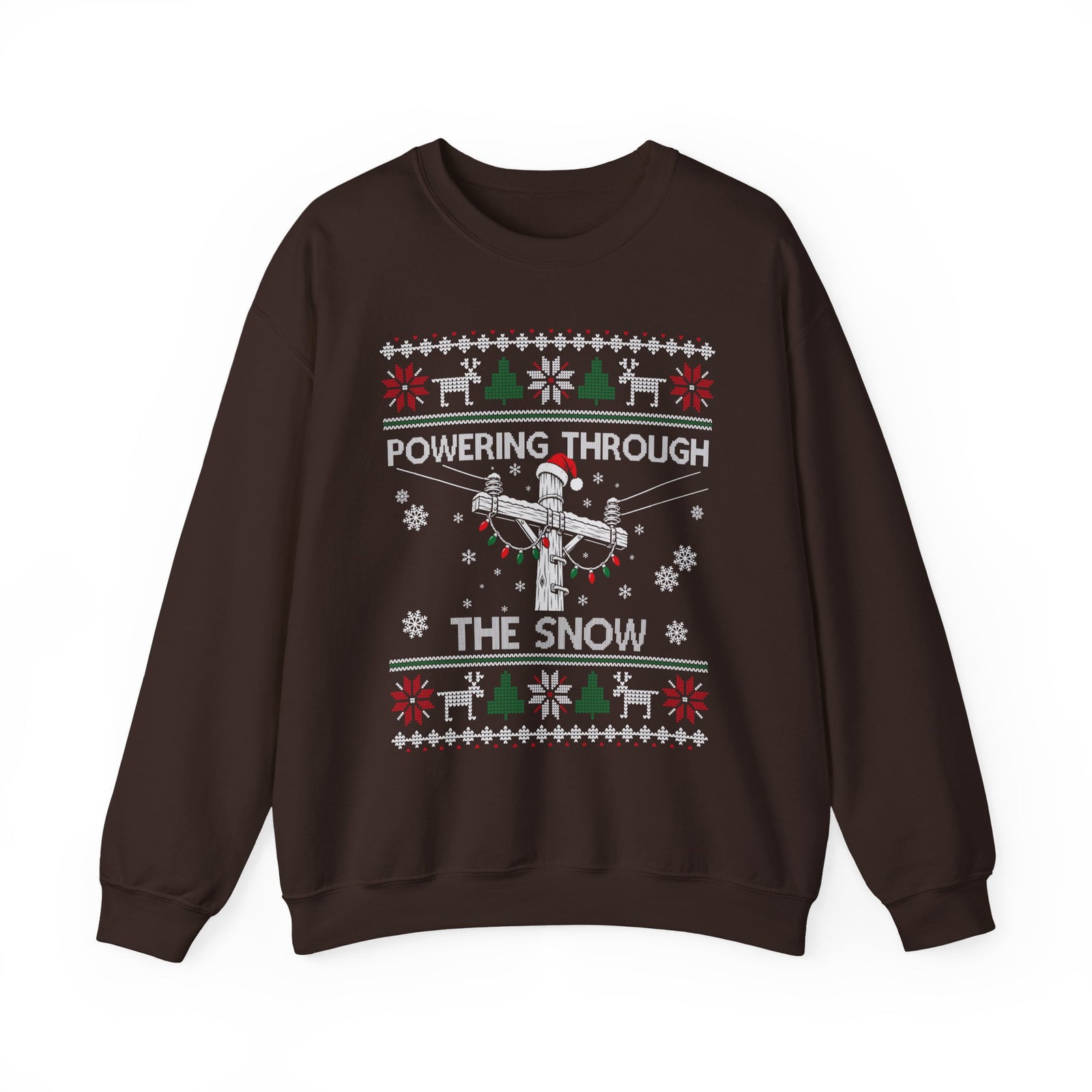 Powering Through the Snow Lineman Christmas Sweatshirt in Dark Chocolate