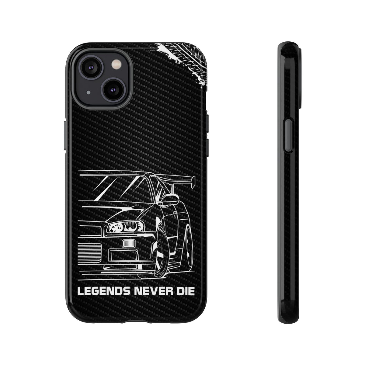 JDM Legends Never Die Tough Phone Case - iPhone 14 Plus, glossy, front and side view