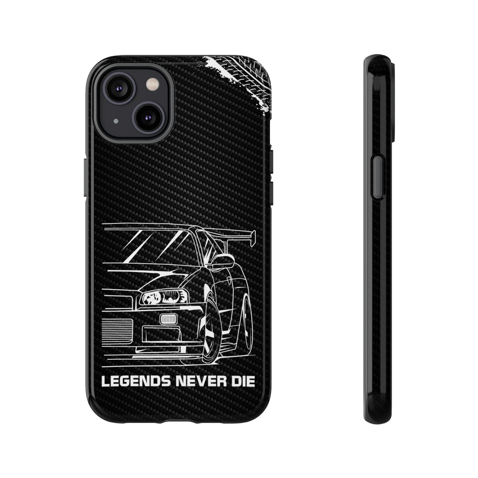 JDM Legends Never Die Tough Phone Case - iPhone 14 Plus, glossy, front and side view