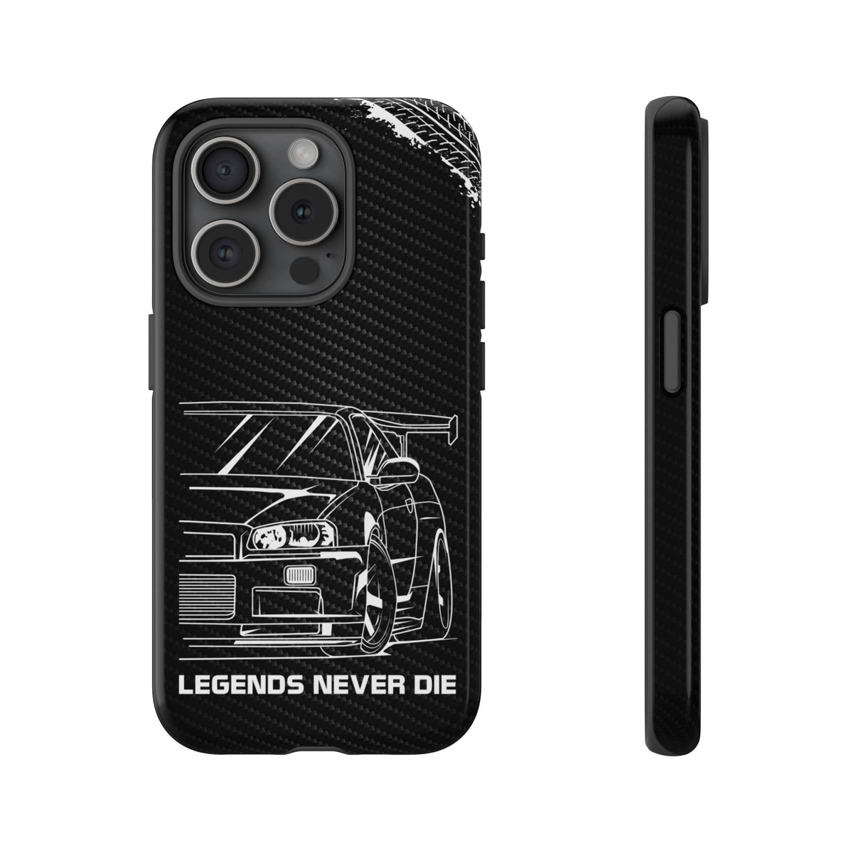 JDM Legends Never Die Tough Phone Case - iPhone 15 Pro, glossy, front and side view