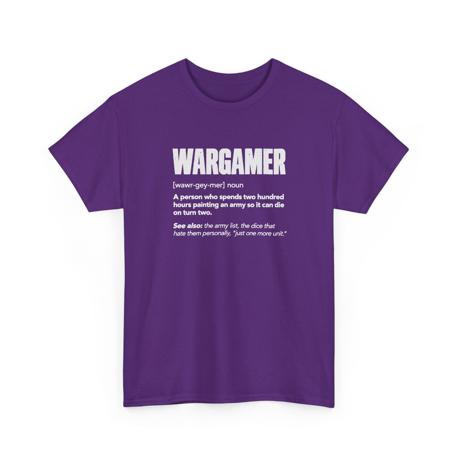 Wargamer Definition T-Shirt - Purple t-shirt with the Wargamer dictionary definition printed on the front