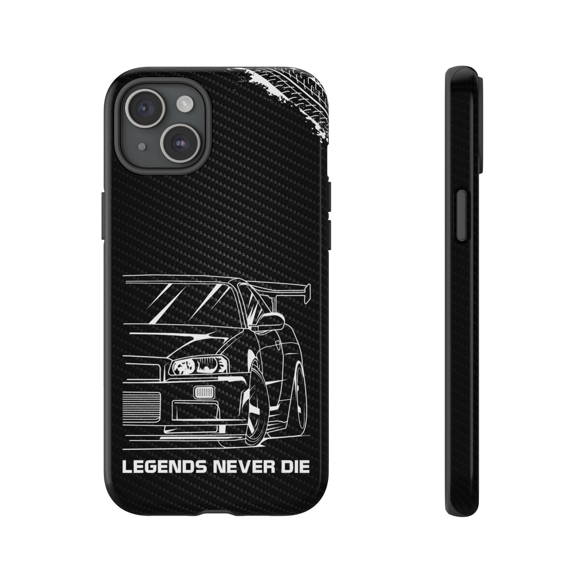 JDM Legends Never Die Tough Phone Case - iPhone 15 Plus, glossy, front and side view