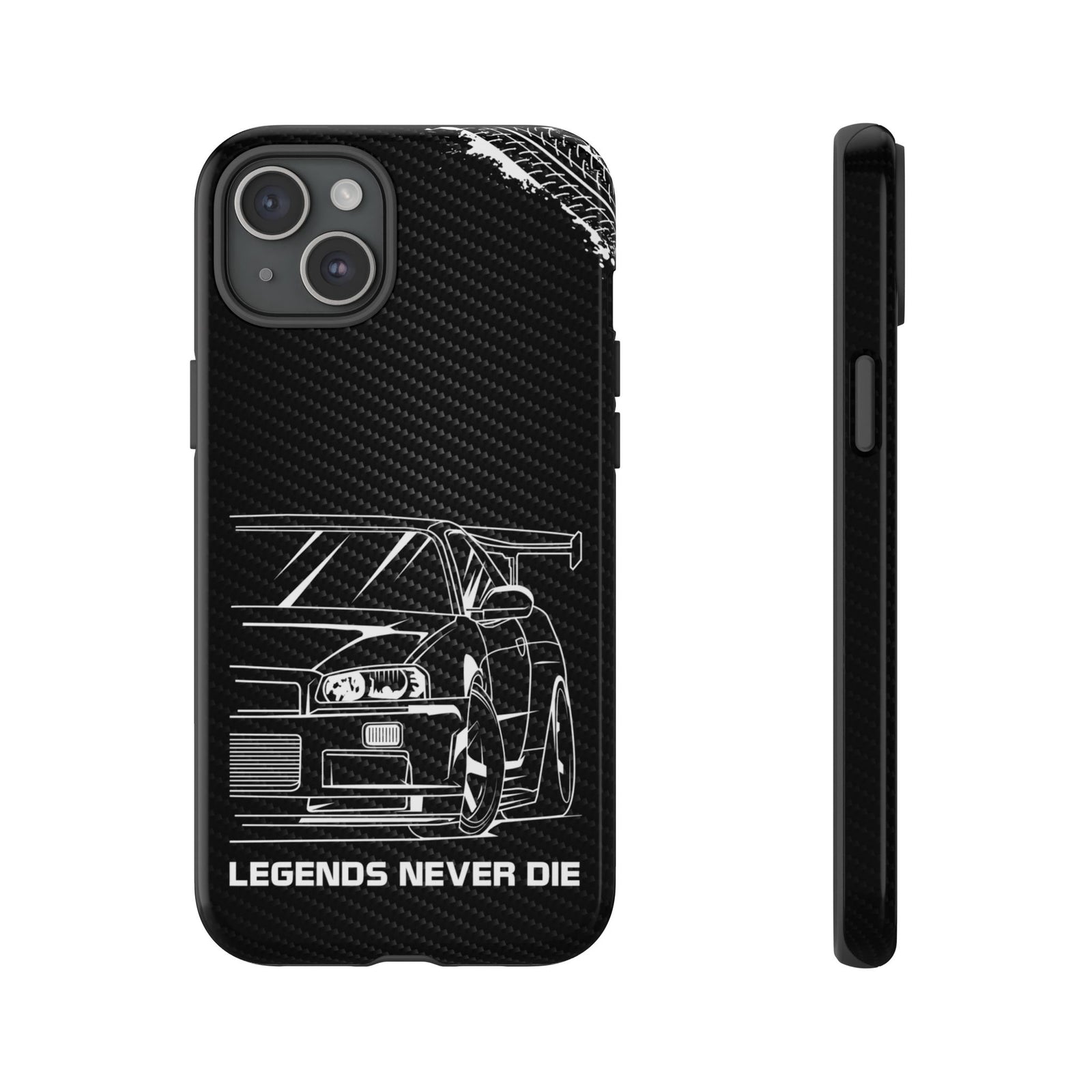 JDM Legends Never Die Tough Phone Case - iPhone 15 Plus, glossy, front and side view