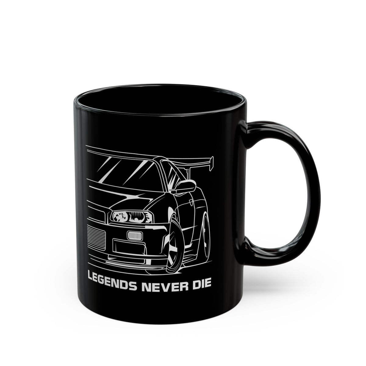 R34 Skyline GTR Legends Never Die Coffee Mug - 11oz black coffee mug, handle on the right