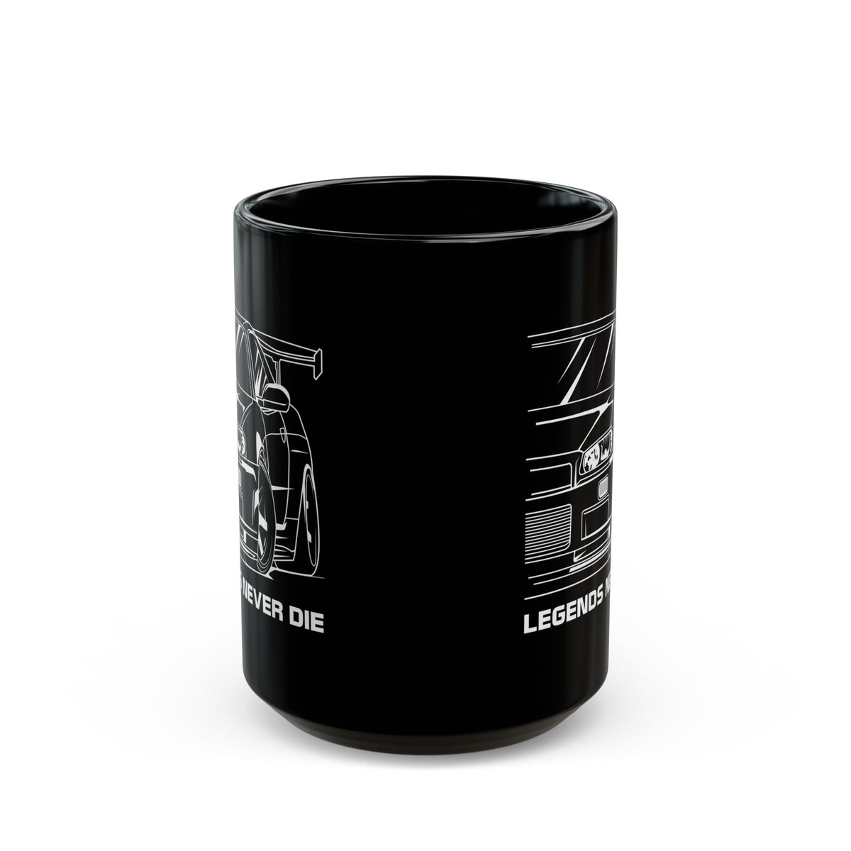 R34 Skyline GTR Legends Never Die Coffee Mug - 15oz black coffee mug, front view with print on both sides