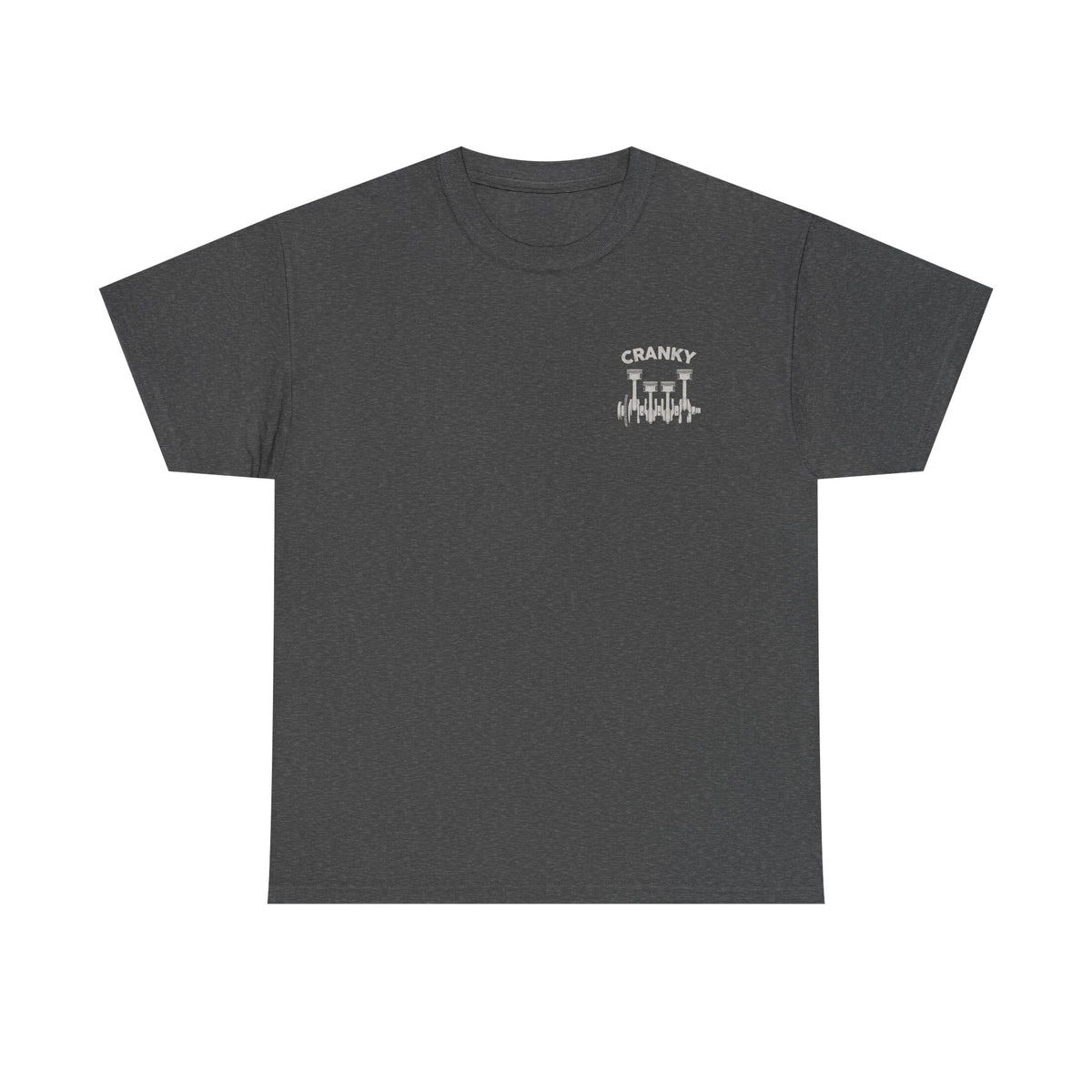 Cranky Minimalist Mechanic shirt flat lay - crankshaft car guy tee