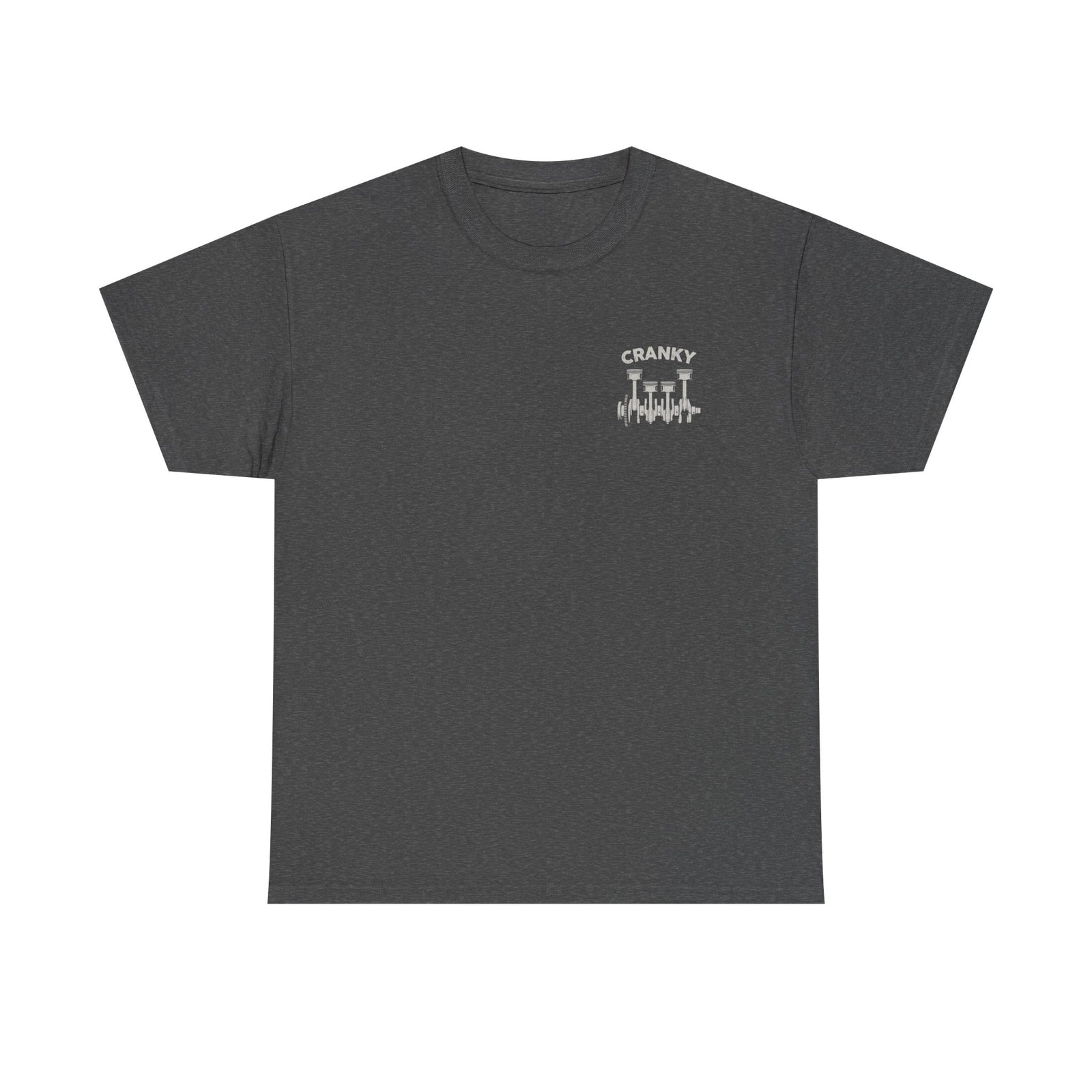 Cranky Minimalist Mechanic shirt flat lay - crankshaft car guy tee