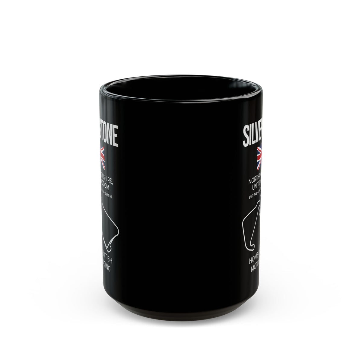 Silverstone Race Track Mug - 15oz black coffee mug, front view with print on both sides