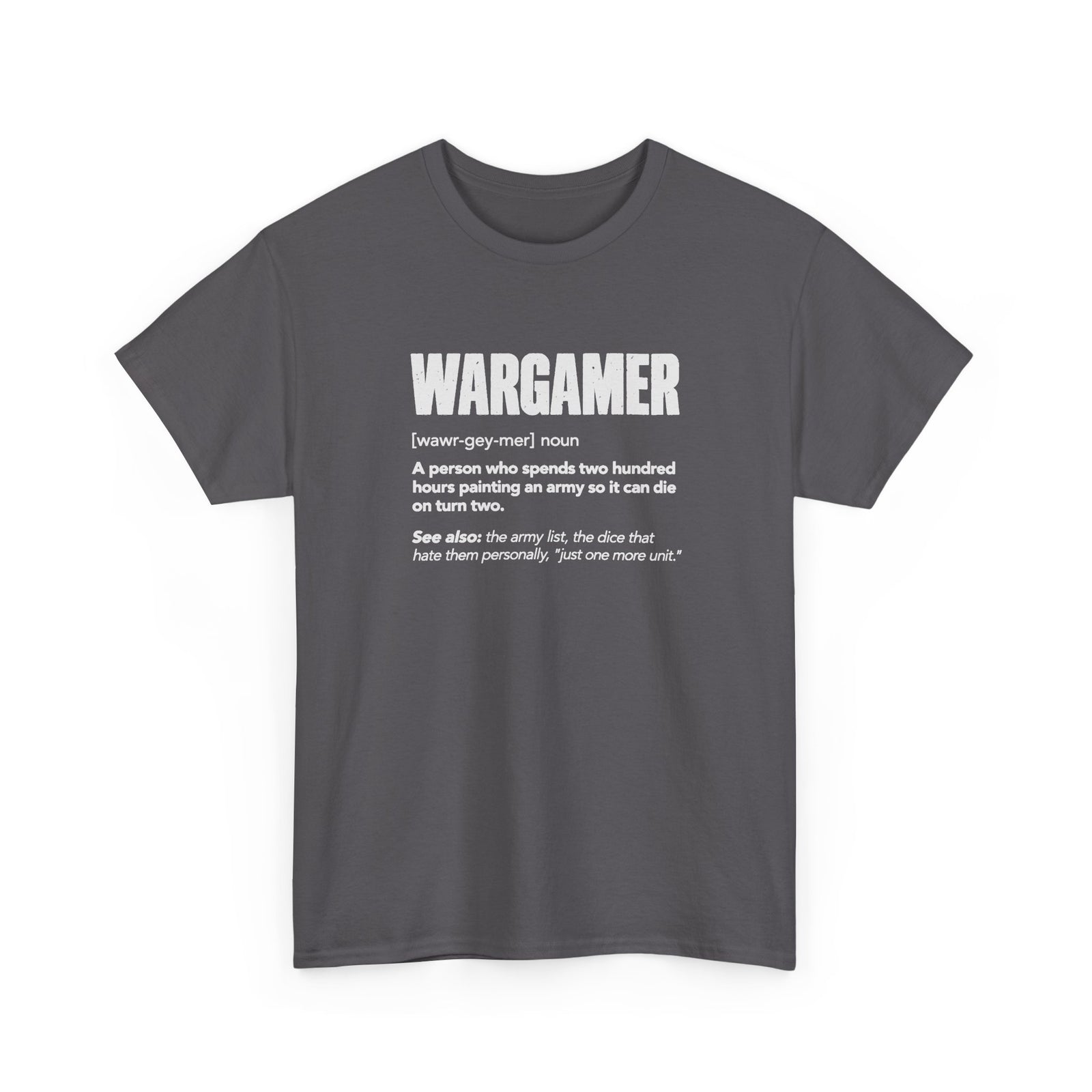 Wargamer Definition T-Shirt - Charcoal t-shirt with the Wargamer dictionary definition printed on the front