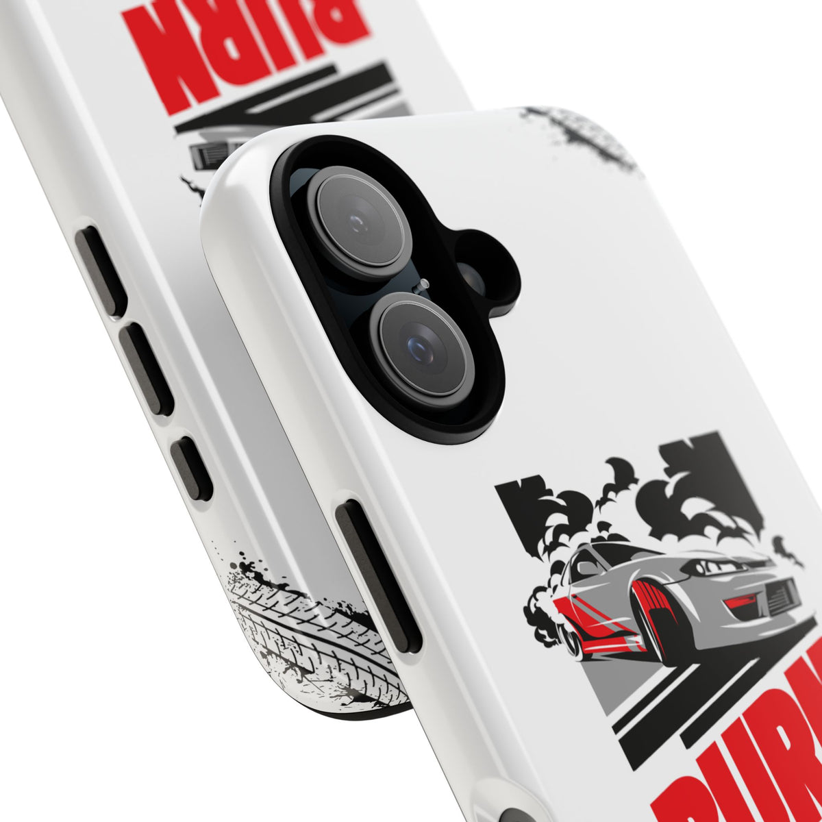 JDM Burnout Tough Car Phone Case - iPhone 16, glossy, camera cutout close-up