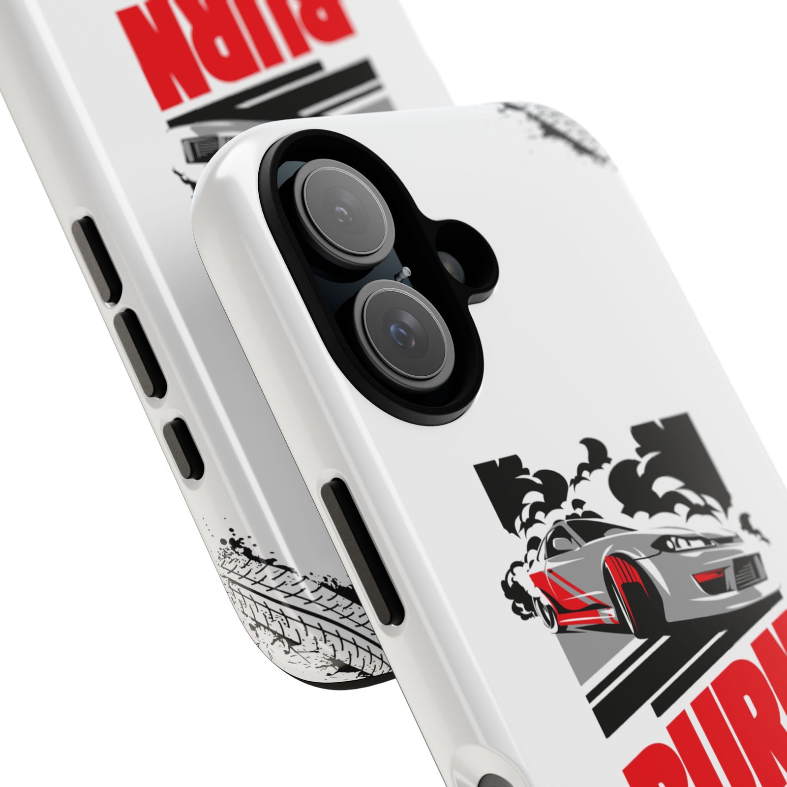 JDM Burnout Tough Car Phone Case - iPhone 16, glossy, camera cutout close-up