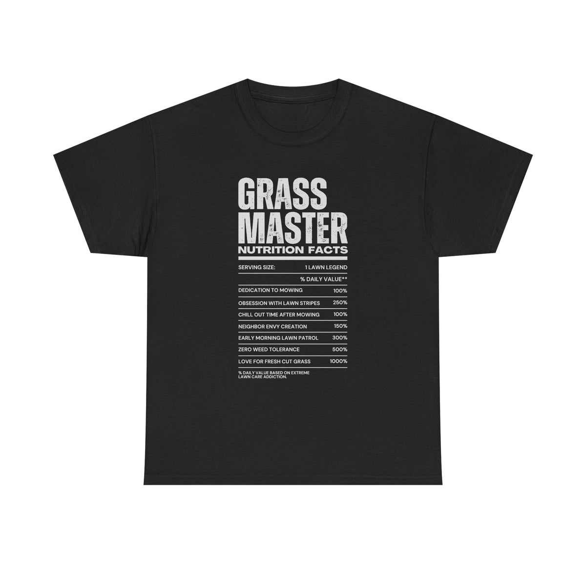 Grass Master Nutrition Facts shirt close up - funny lawn care tee