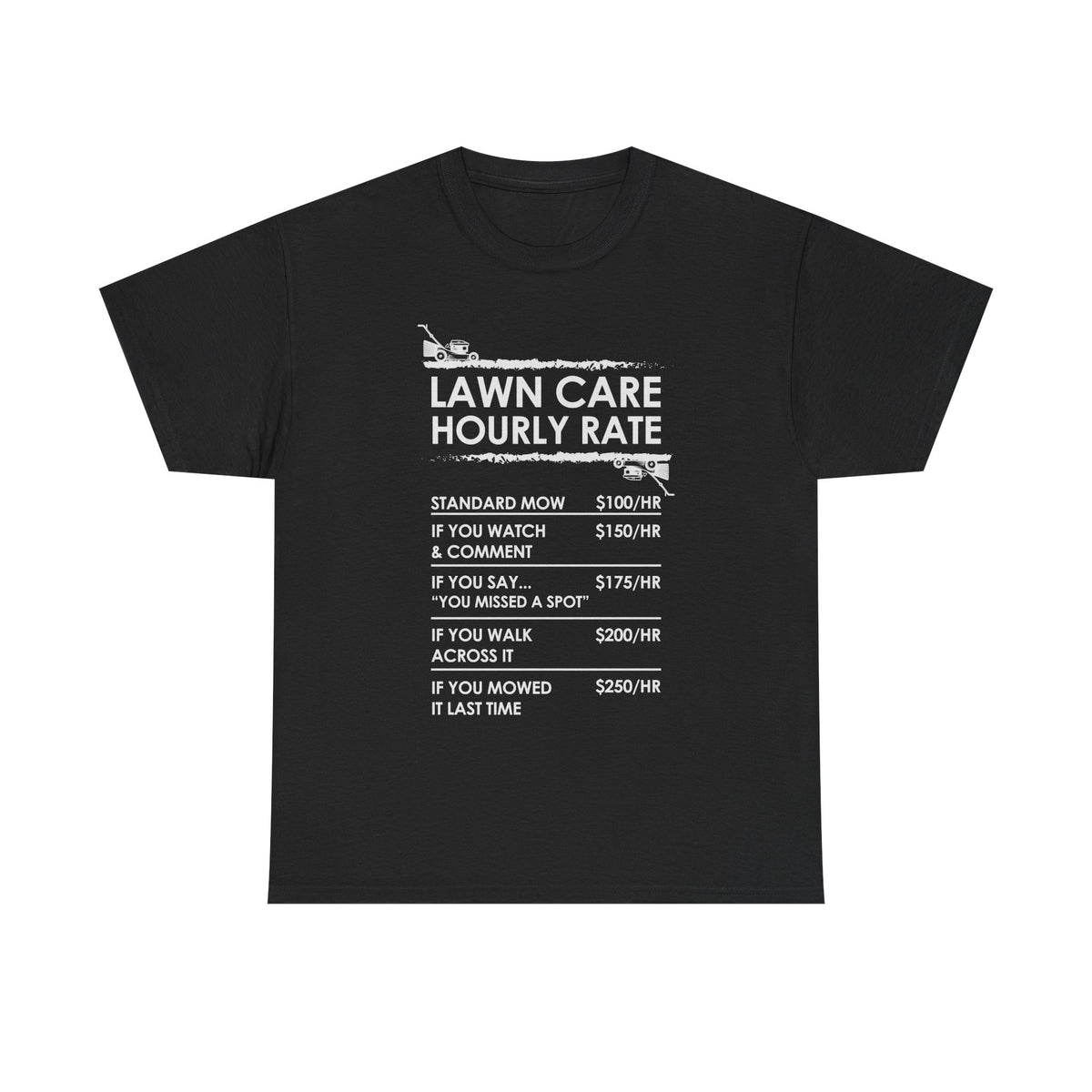 Lawn Care Hourly Rate shirt close up - funny mowing humor tee