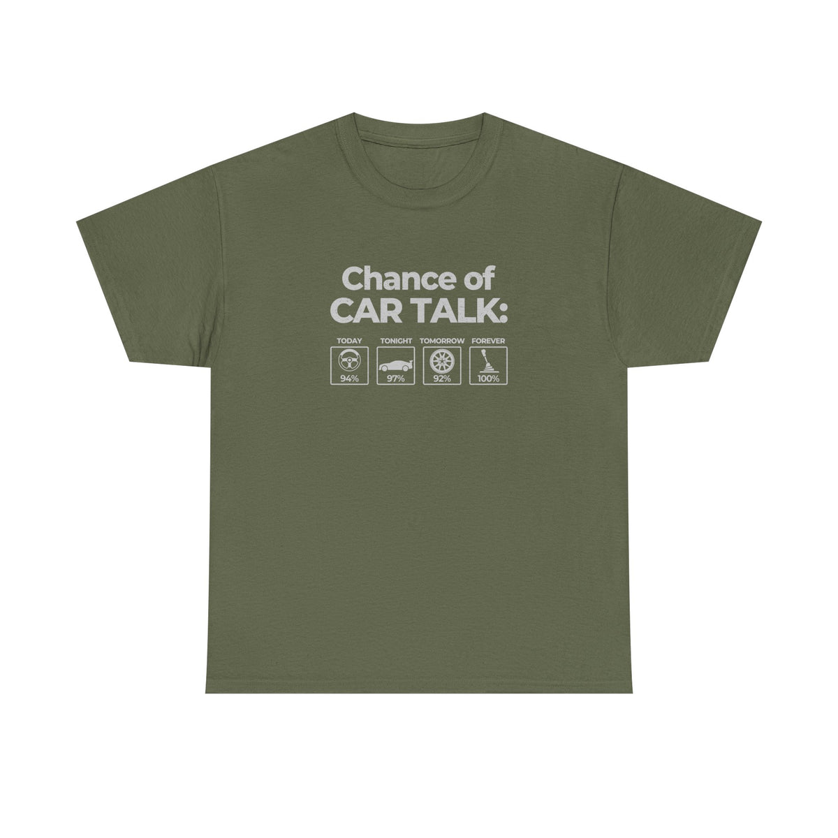 Car guy t-shirt lifestyle shot - 100% chance of car talk apparel for gearheads