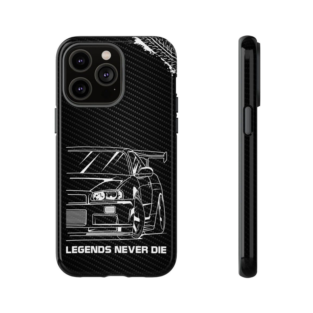 JDM Legends Never Die Tough Phone Case - iPhone 14 Pro Max, glossy, front and side view