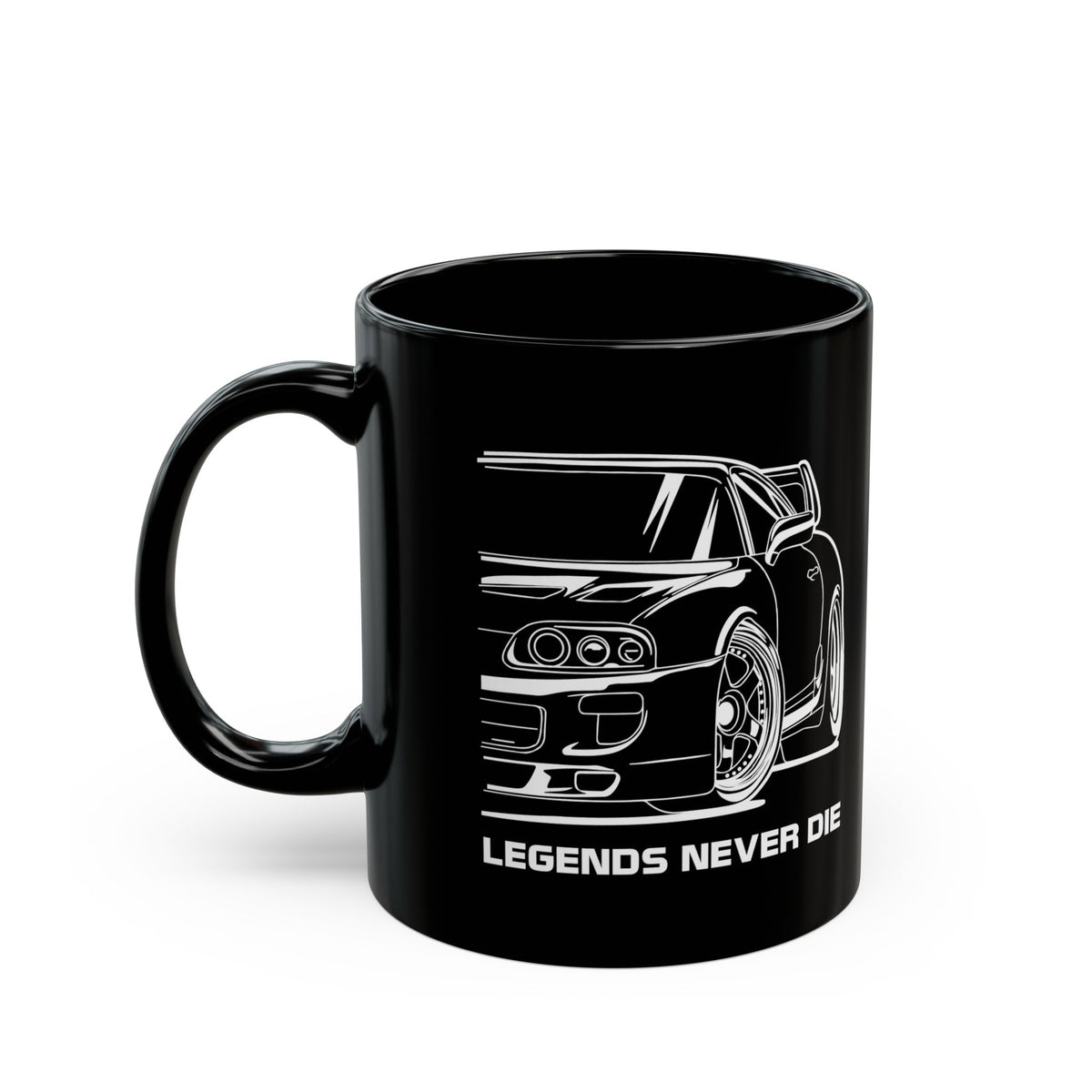 MKIV Supra Legends Never Die Coffee Mug - 11oz black coffee mug, handle on the left