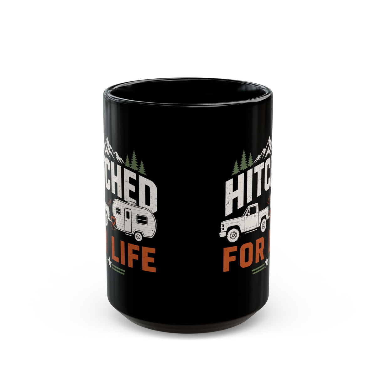 Hitched for Life Mug - 15oz black coffee mug, front view with print on both sides